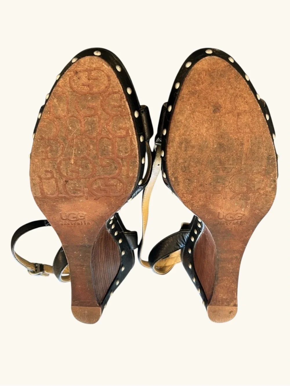 🩶 UGG Australia Black Leather Studded Wedge Sandals| Boho Sling-backs | Sz 9W